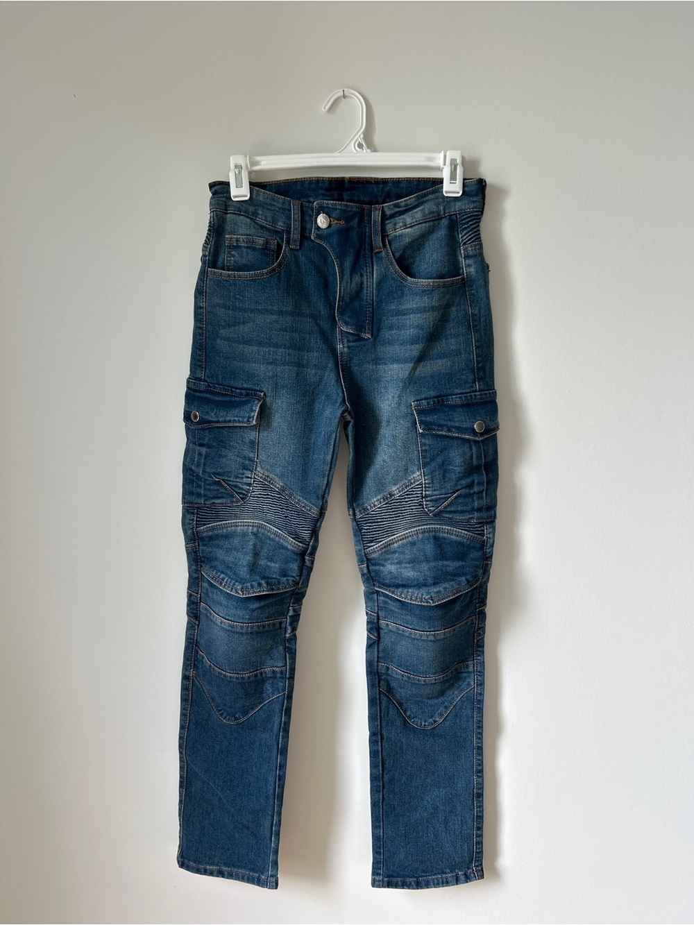 Women's Slim Straight Jeans in Dark Blue with Moto Stitching